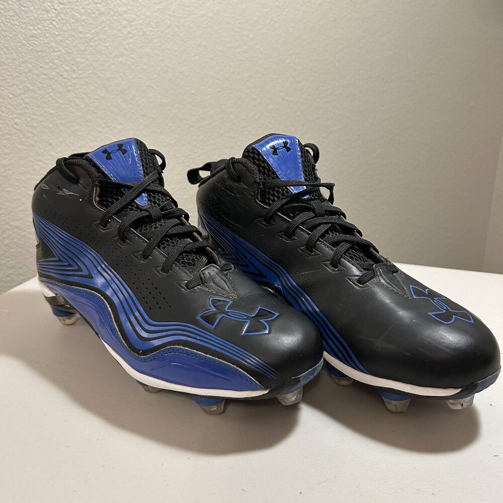Men's Mid Top Blue and Black  Under Armour Football Cleats Size: 8.5